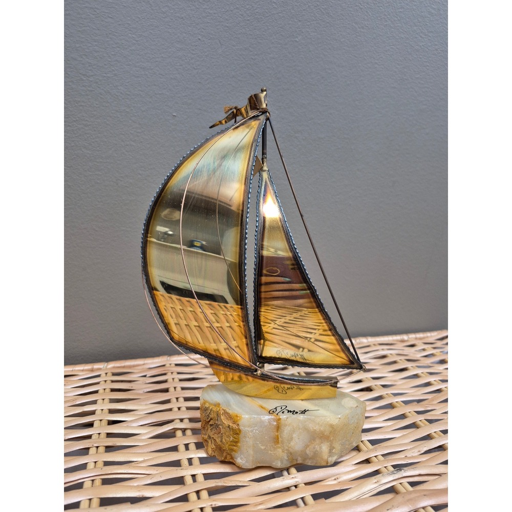 DeMott Vintage Brass Copper Sailboat Sculpture Onyx Base MCM Original Tag Gift